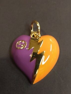 GG Purple & Orange Enamel Heart Charm Pendant with Gold Lightning Bolt